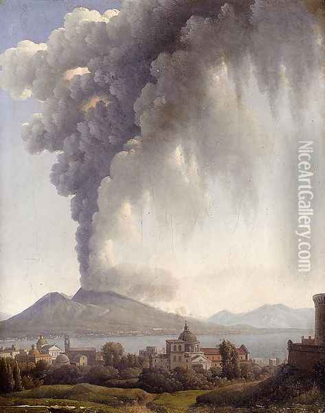 Bay Of Naples With Vesuvius Erupting Beyond Oil Painting - Alexandre-Hyacinthe Dunouy