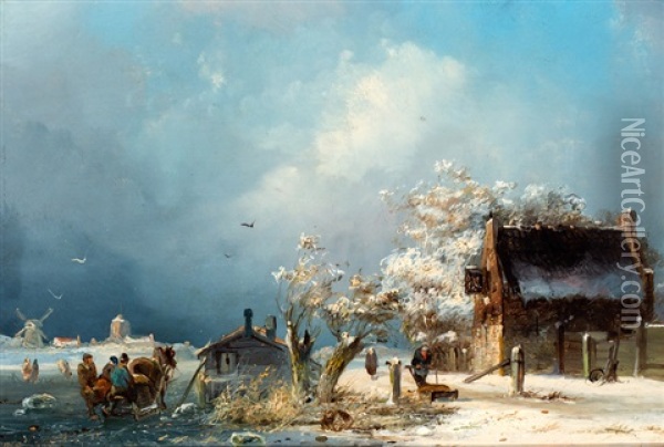 Wintertje Met Paardenslede Op Het Ijs Oil Painting - Petrus Marius Brouwer
