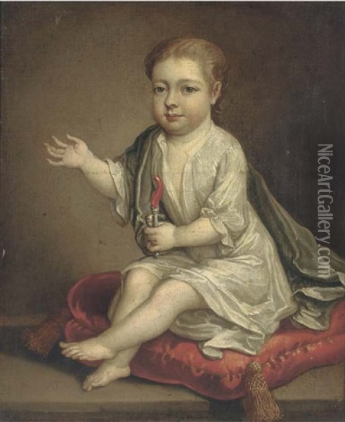 Portrait Of A Child, Seated On A Red Cushion Holding A Silver And Coral Rattle Oil Painting - Herman van der Myn