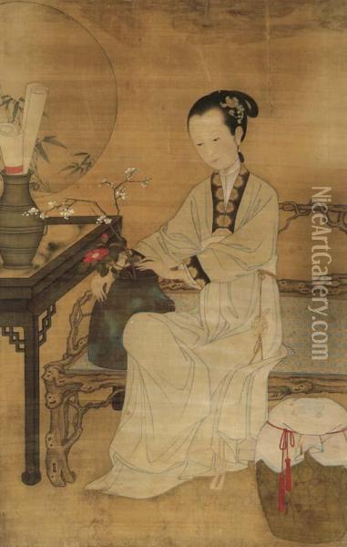 Lady Admiring Flowers Oil Painting - Jiao Bingzhen