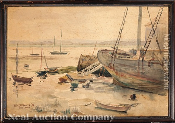 Boats At Low Tide, Annisquam, Mass Oil Painting - William Woodward