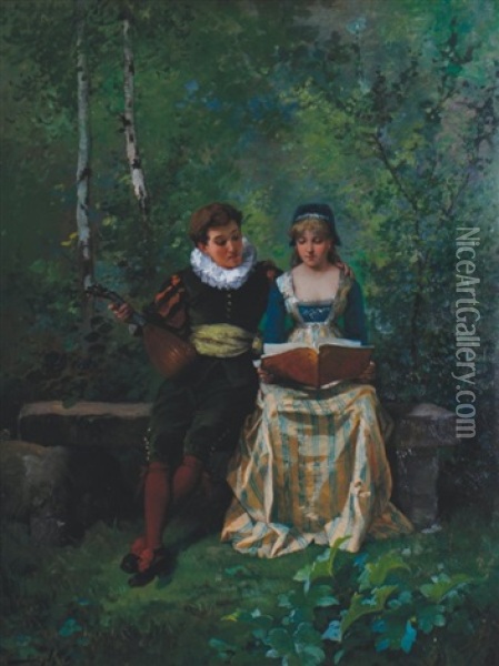 Lovers In A Garden Oil Painting - Pierre-Marie Beyle