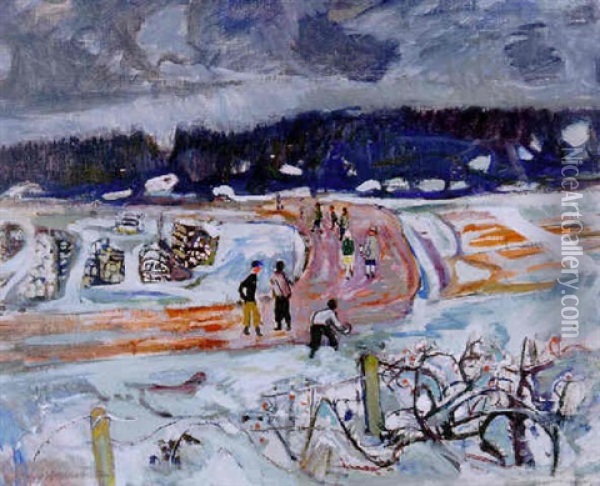 Kasta Snoboll - Pojkar Och Flickor I Vinterlandskap Oil Painting - Eric C. Hallstroem