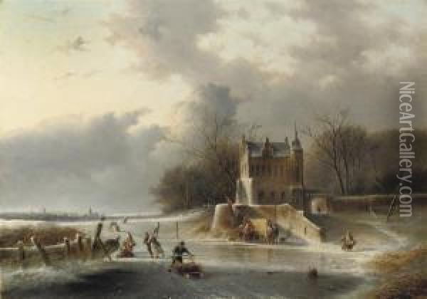 Winterfun On The Ice By A Mansion Oil Painting - Jan Evert Morel