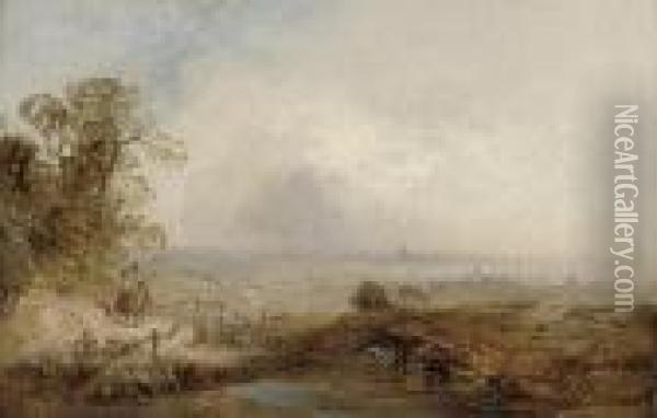 Figures On A Hillside, With London Beyond Oil Painting - James Baker Pyne
