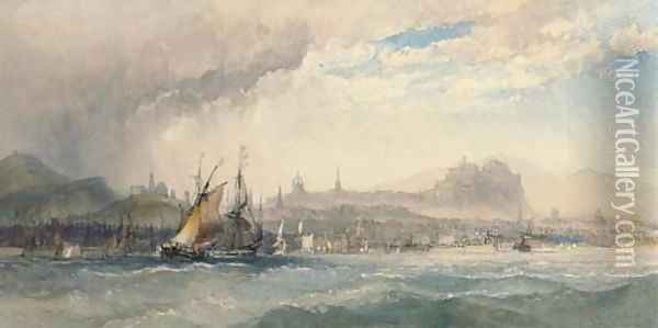 A stiff breeze off Leith with a panorama of Edinburgh beyond Oil Painting - Charles Bentley
