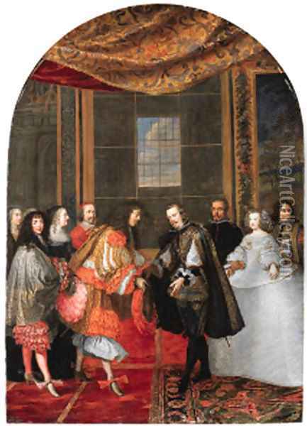 The meeting between Kings Philip IV and Louis XIV on Pheasants Island Oil Painting - Adam Frans van der Meulen
