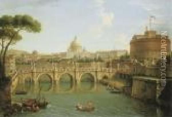 Rome, A View Of The Tiber 
Looking Downstream With The Castel And Ponte Sant' Angelo, Saint Peter's
 Basilica And The Vatican, Santo Spirito In Sassia And The Janiculum 
Beyond Oil Painting - Antonio Joli