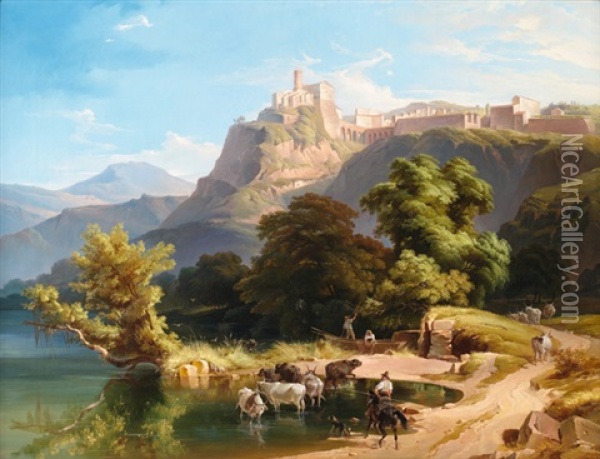 Italienische Landschaft Mit Hirten Am Seeufer Und Einem Stadtchen Auf Einer Anhohe Oil Painting - Georg (Christian Joh. G.) Perlberg