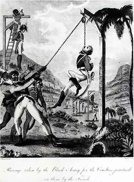 Revenge taken by the Black Army for the Cruelties practised on them by the French, engraved by Inigo Barlow, from An Historic Account of the Black Empire of Haiti, pub. 1805 Oil Painting - Marcus Rainsford