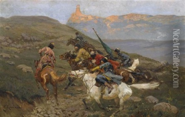 Tscherkessische Reiter Oil Painting - Franz Roubaud