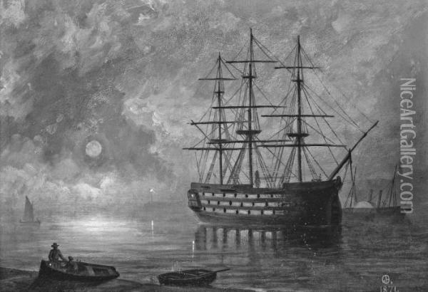 A Royal Navy Three-decker At Anchor By Moonlight With A Paddle Steamer Beyond Oil Painting - Philip John Ouless