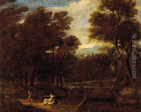 Venus And Cupid In An Extensive Lanscape Oil Painting - Gaspard Dughet