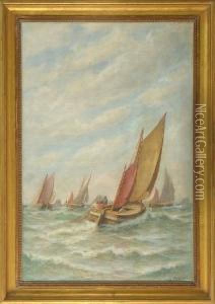 Casting Nets, Depicting Fishing Vessels In An Open Sea. Signed Lower Right R. Pearson