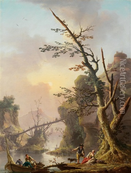 A River Landscape With Fishermen Hauling Their Nets Oil Painting - Charles Francois Lacroix