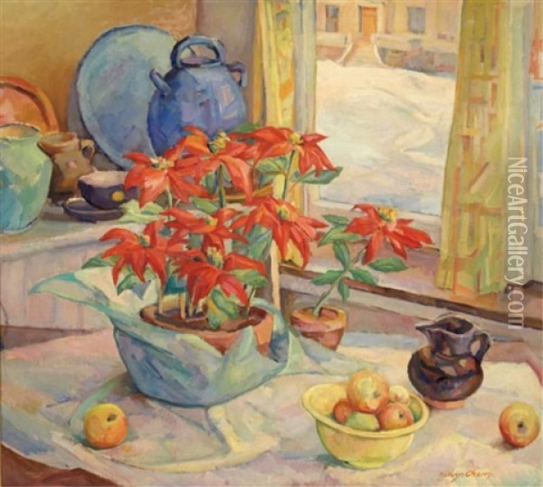 Still Life With Poinsettia Oil Painting - Kathryn E. Bard Cherry