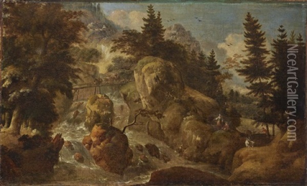 Shepherds At A Mountain Brook Oil Painting - Jan Griffier the Younger