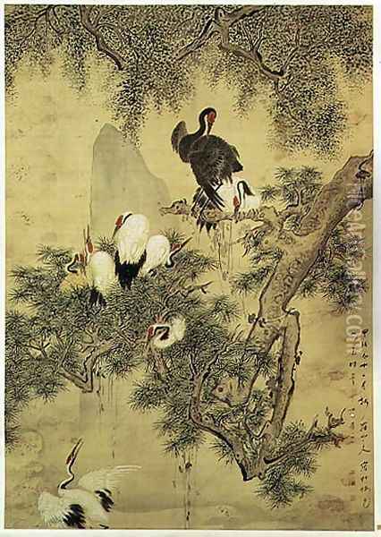 Eight Red-Crested Herons in a Pine Tree, 1754 Oil Painting - Hua Yan