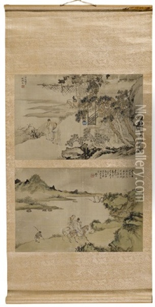 Two Landscapes With Figures  (2 Works Mntd Together On Hanging Scroll) Oil Painting -  Li Hengshi