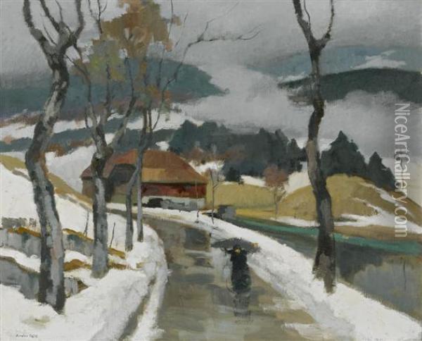Country Road In Snow Oil Painting - Andre Roz