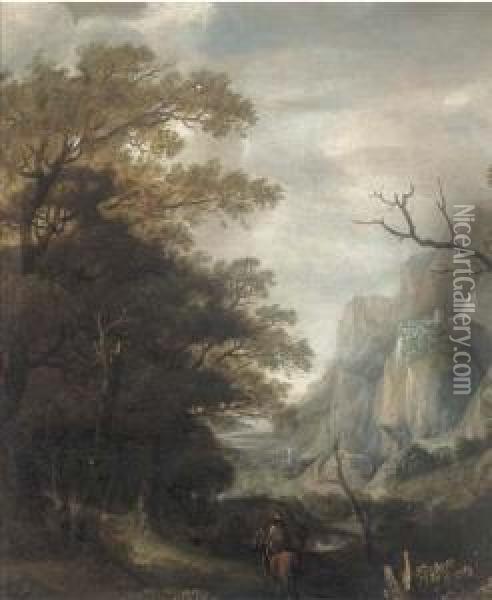 A Mountainous Landscape With A Horseman On A Wooded Track Oil Painting - Jan Looten