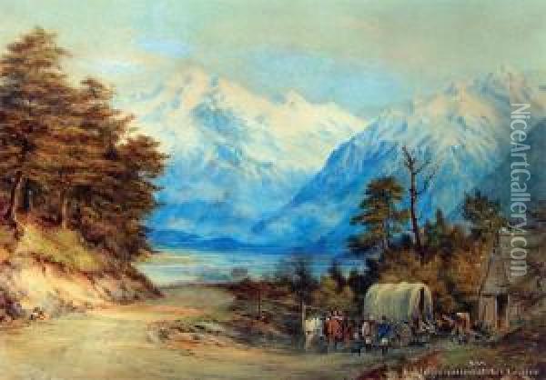 Settlers, West Coast Road Through The Upperwaimakariri Valley Oil Painting - Charles Decimus Barraud