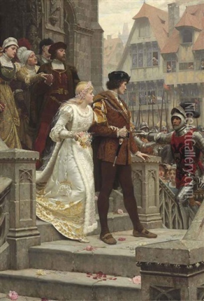 To Arms! Sweet Bridal Hymn, That Issuing Through The Porch Is Rudely Challenged With The Cry To Arms Oil Painting - Edmund Blair Leighton