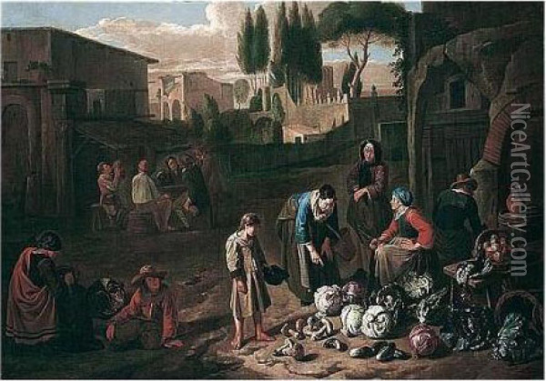 A Roman Street Scene With A Vegetable Seller Oil Painting - Norbert van Bloemen