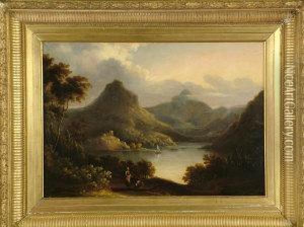 A Broad Lakeland Panorama With 
Figures In The Foreground, A Boat And Castle In The Middle Distance, And
 Mountains Rising In The Distance. Oil Painting - Alexander Nasmyth