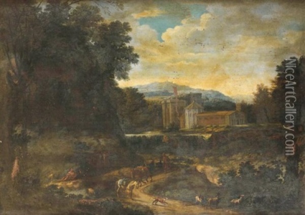 Cavaliers Dans Un Paysage (+ Patre Se Reposant Au Bord D'un Chemin Longeant Un Chateau; Pair) Oil Painting - Abraham Genoels
