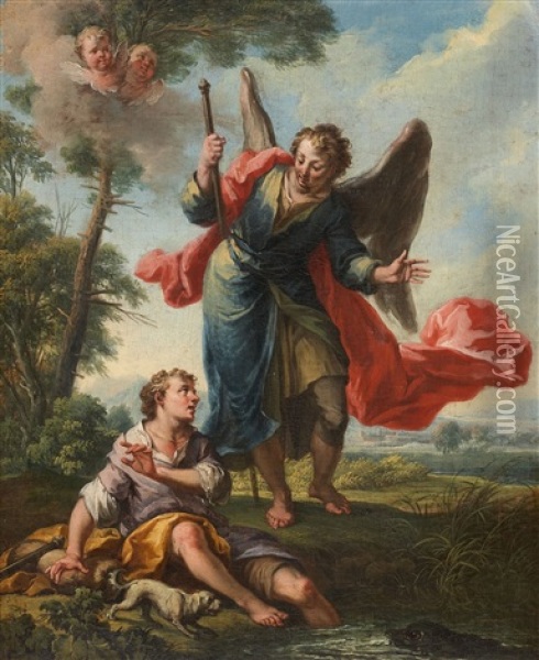 Two Scenes With Tobias And The Angel (2 Works) Oil Painting - Johann Samuel Hoetzendorf