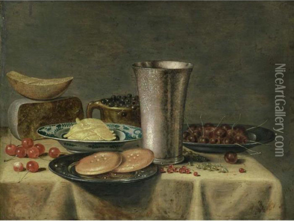 A Still Life With A Silver 
Beaker, Cherries And Bread On Pewter Plates, Cheese, Blue Berries In An 
Earthenware Pot, Butter In A Porcelain Dish, All On A Table Draped With A
 White Cloth, Together With Cherries And Red And White Currants Oil Painting - Floris Gerritsz. van Schooten