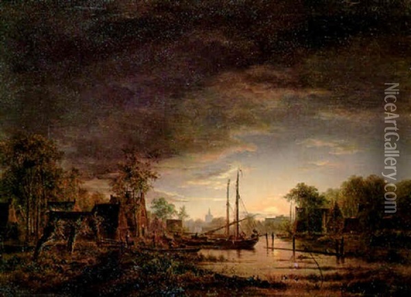 River Landscape With Moored Barges Oil Painting - Jacobus Theodorus Abels