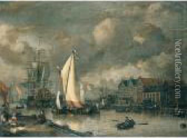 A Dutch Two Decker And Other Shipping At Anchor Along A Quayside Oil Painting - Jan Claes Rietschoof