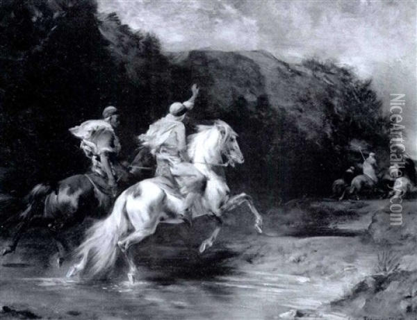 Arab Horsemen Crossing A Ford Oil Painting - Eugene Fromentin