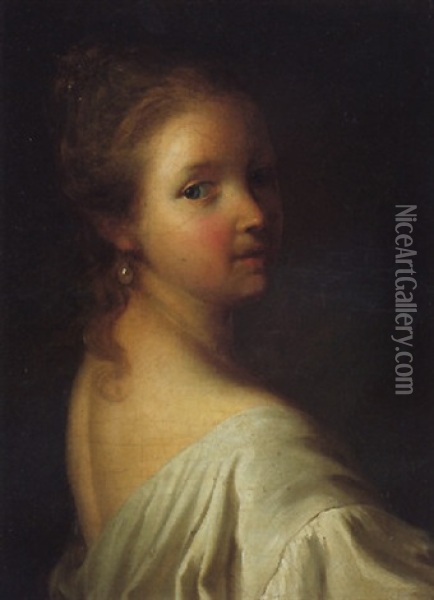 Portrait Of A Young Girl Wearing A White Dress Oil Painting - Alexis Grimou