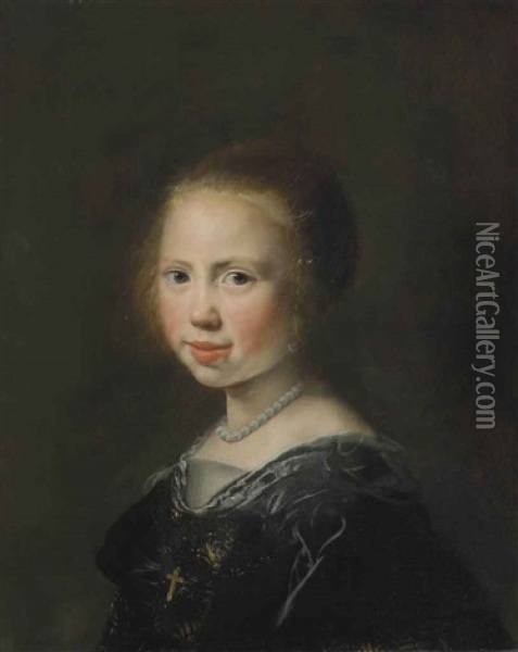 Portrait Of A Young Girl In A Black Dress And Pearl Necklace Oil Painting - Jan De Bray