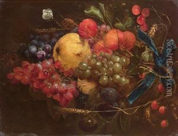 A Swag Of Cherries, 
Strawberries, Apricots, Grapes, Lemons, Plums And Ears Of Corn Hanging 
From A Blue Ribbon With A Cabbage White Butterfly, A Caterpillar And 
Other Insects Oil Painting - Cornelis De Heem