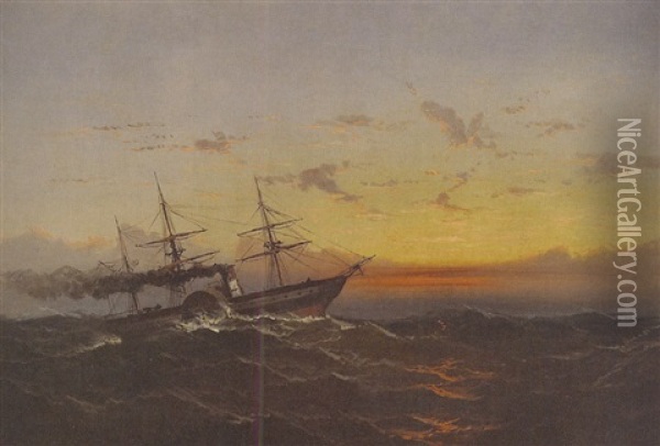 Seascape Of A Steamboat At Sunset Oil Painting - James Hamilton
