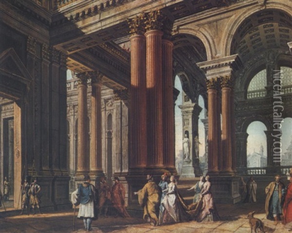 Figures In An Architectural Capriccio (esther On Her Way To King Ahasuerus Of Persia?) Oil Painting - Giuseppe Galli Bibiena