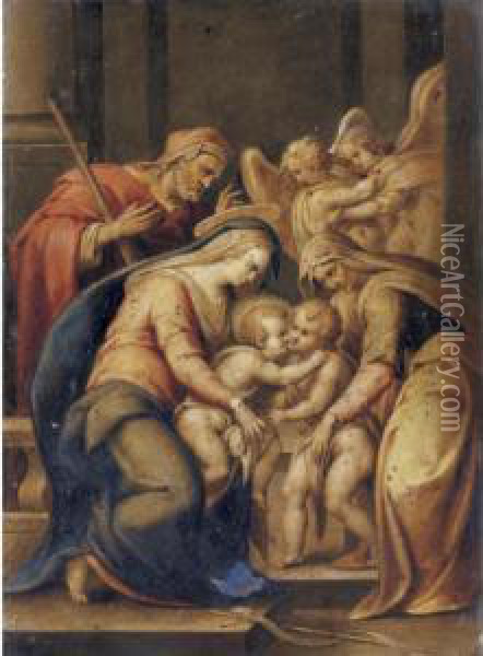 The Holy Family With Saints 
Elizabeth And The Infant Saint John The Baptist, Two Angels Behind Oil Painting - Lorenzo Sabatini