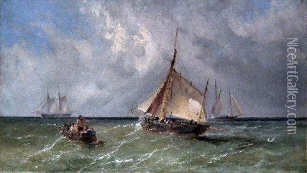 Fishing Boats Off Hastings Oil Painting - James E. Meadows