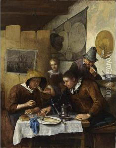 A Family Gathered Around A Table Having Breakfast In An Interior Oil Painting - Richard Brakenburgh