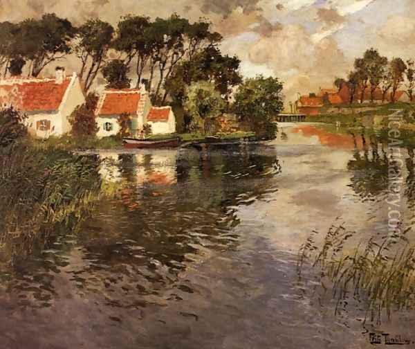 Cottages by a River Oil Painting - Fritz Thaulow