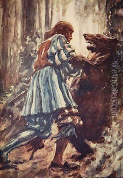 Once when attacked by a she-bear he choked her with his bare hands illustration from A History of Germany Oil Painting - A.C. Michael