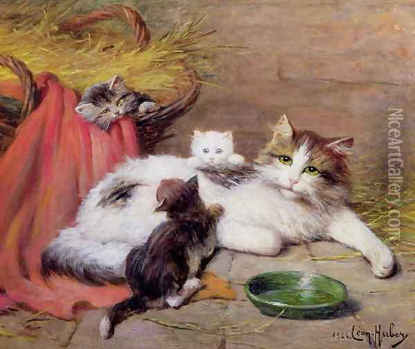 Cat with kittens Oil Painting - Leon Charles Huber