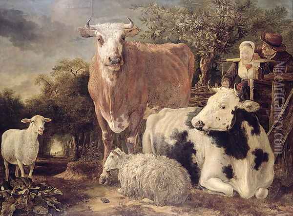 Herdsman and Herdswoman with Livestock, c.1647 Oil Painting - Govert Dircksz. Camphuysen