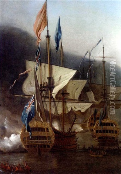 Warships Offshore Beginning A Bombardment, With Marines Preparing To Go Ashore Oil Painting - Peter Monamy