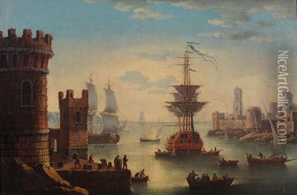 Veduta Di Porto Con Imbarcazioni E Figure Oil Painting - Orazio Grevenbroeck