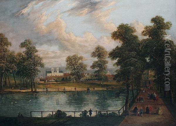 Westminster Bridge; Rosamond's Pool, St. James' Park Oil Painting - John Paul